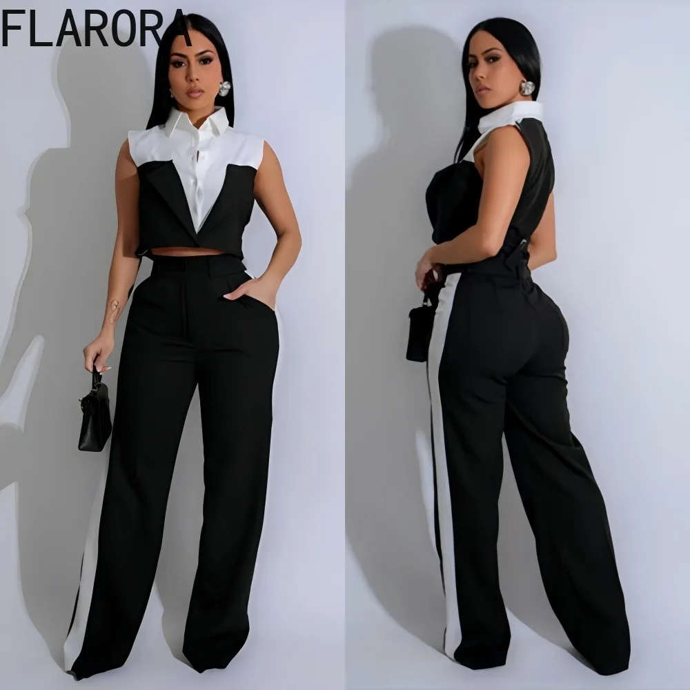 

FLARORA Office Lady Patchwork 2 Pcs Sets Woman Sleeveless Lapel Single Breasted Blazer Vest Shirts And Wide Leg Pants Outfits