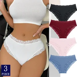 3PCS Lace Flower Panty New Ribbed Contrast Pants Mid Waist Women Soft Panties Breathable Girls Underwear Lingerie XS-XL