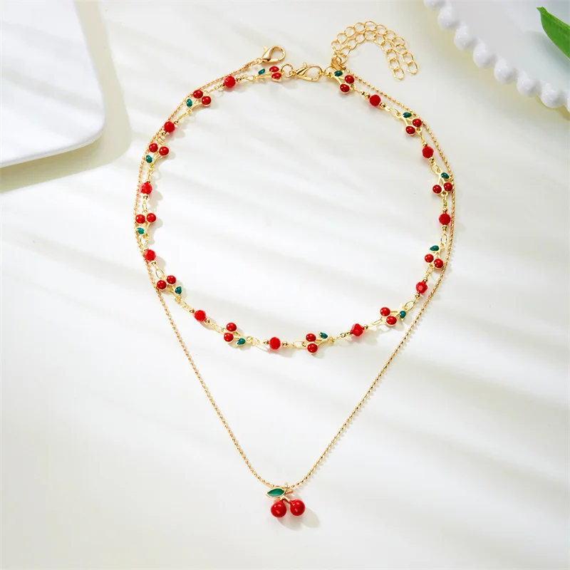 Nette Süße Rote Kirsche Kette Armband Halskette Für Frauen Vintage Gold Farbe Blume Obst Schlüsselbein Fußkettchen Hochzeit Schmuck – Detail 19