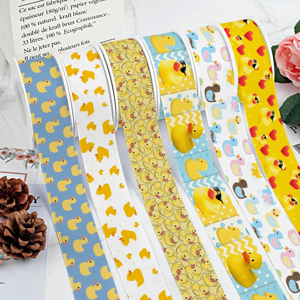 Little Yellow Duck Pattern Printed Grosgrain Satin Ribbon for Gift Wrapping Hair Bow Craft Accessory 50 Yards