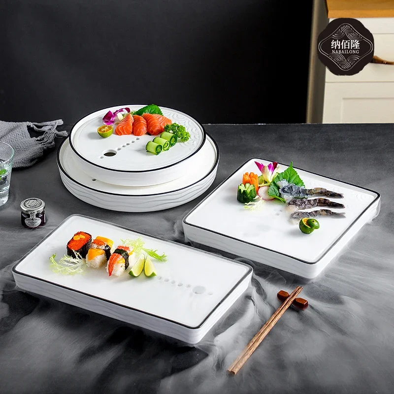 Creative Dry Ice Smoke Container Ceramic Cold Dish Tray Sashimi Dry Ice Plate Tableware Sushi Pan Characteristic Hotel Tableware