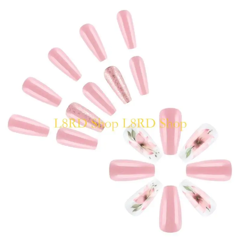 

L8RD Flower Fake Press On French Tip False Glues on for Women