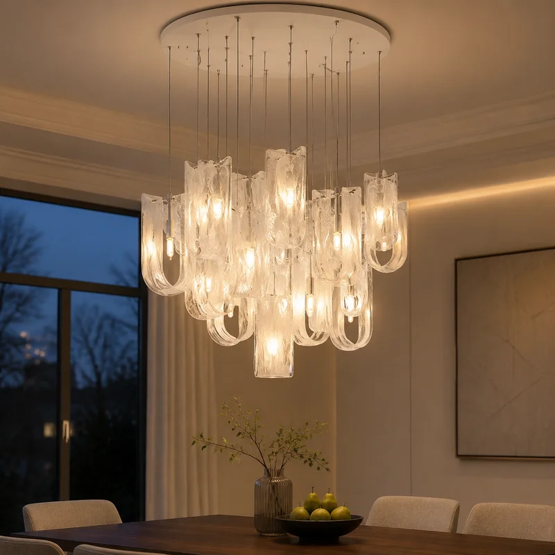 Modern French Sculptural Textured Glass U Shaped Water Ripple Suspended For Living Room Dining Room Kitchen Island Chandelier