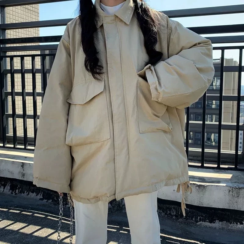 Doudoune noire pour femme, Parka ample, manteau à pain rembourré en coton, fermeture éclair Y2K, vêtements d'extérieur décontractés pour étudiantes, nouvelle collection 2025