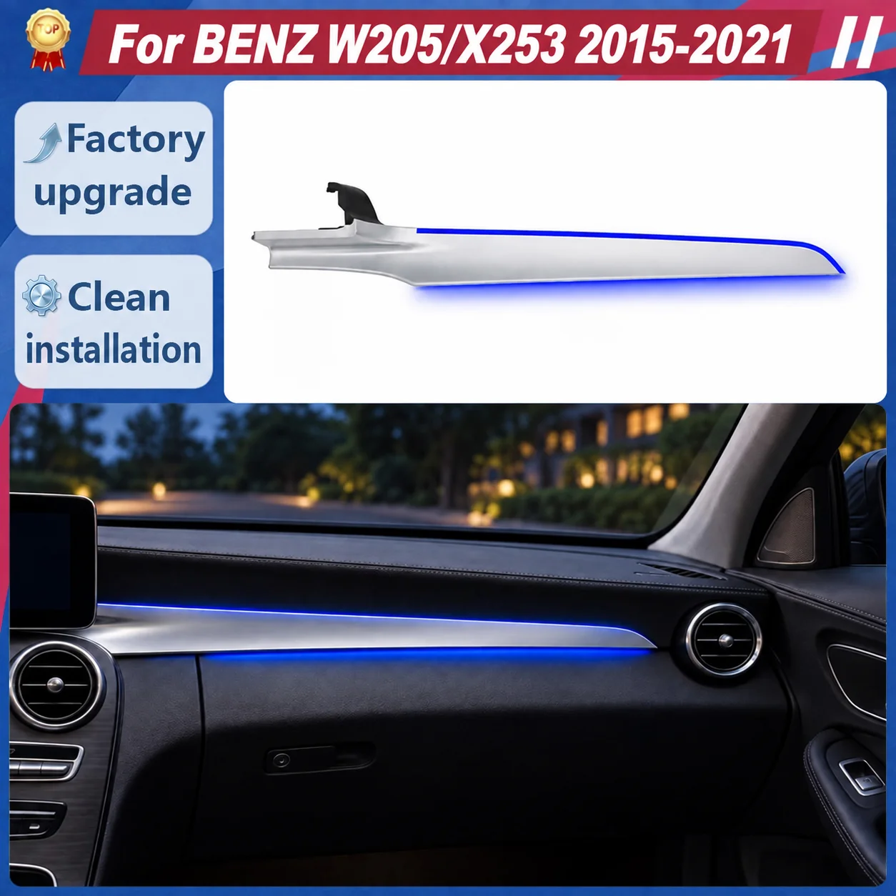Passenger-Side Dashboard Ambient Lights for Mercedes-Benz C-Class W205 GLC X253 2015-2021 Various Styles Interior Retrofit Parts