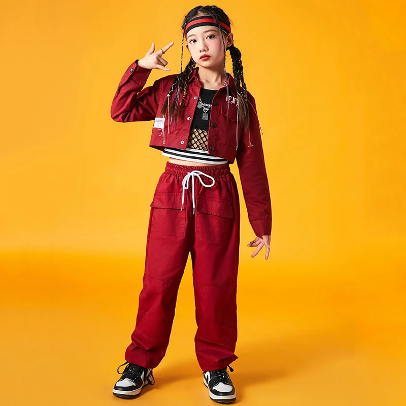 Red Series Hip Hop Dance Costume For Kids Jazz Performance Clothes Girls Kpop Outfit Boys Street Dance Drum Stage Wear BL10109