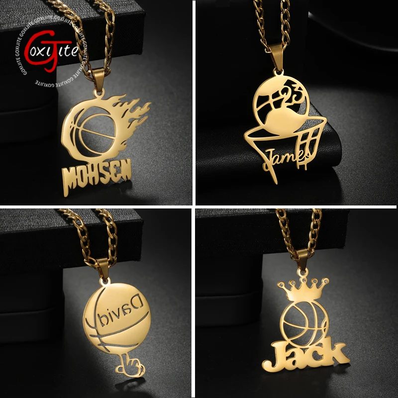 Goxijite Personalized Name Crown Stone Basketball Necklace Stainless Steel Custom Sport Style Thick Chain Pendant Kid Men Gift