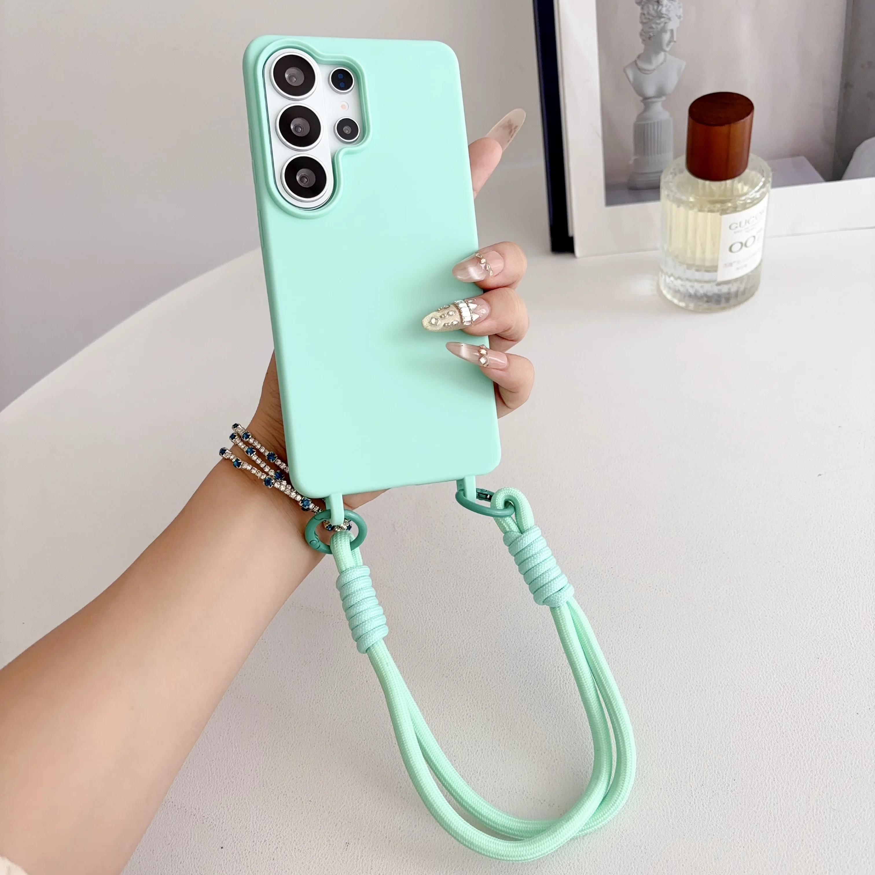 Funda de Teléfono con Cordón para Muñeca, Color Caramelo, para Samsung Galaxy S26 S25 S24 S23 S22 S21 S20 Ulus Plus, TPU Suave, Antigolpes
