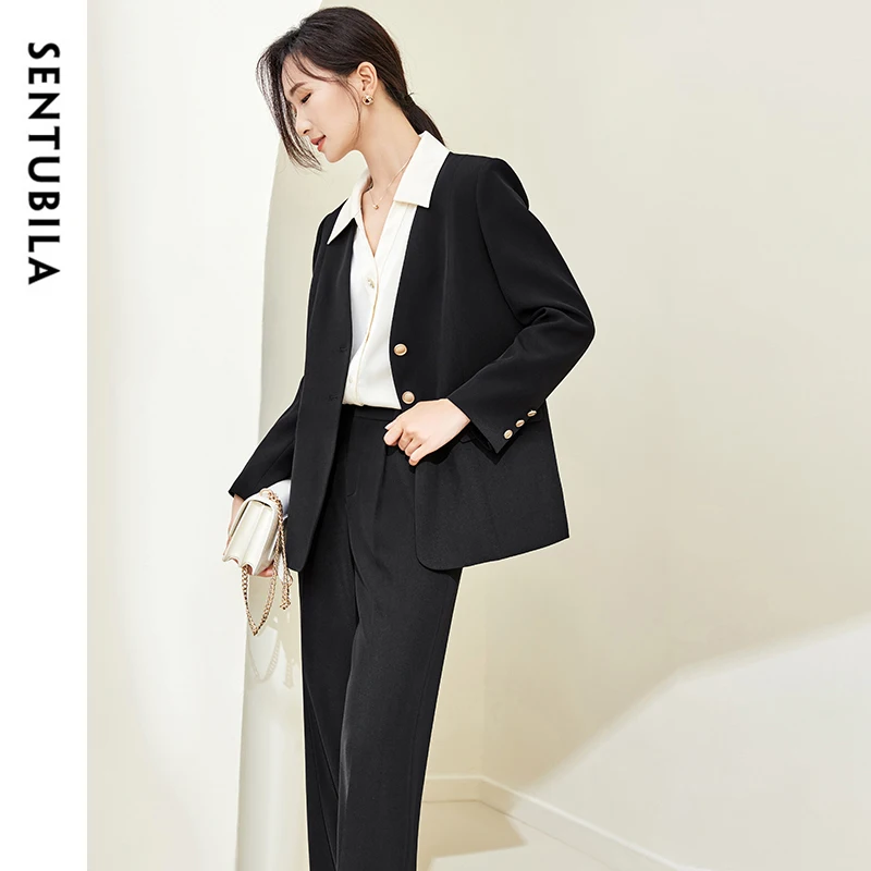 SENTUBILA Women's Two Pieces Sets 2025 Autumn Black V Neck Blazer Wide Leg Pants Office Lady New In Matching Sets 143Z58034X