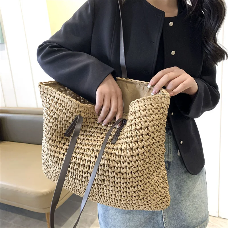 

Luxury Design Straw Woven Tote Bags Summer Casual Large Capacity Handbags New Fashion Beach Women Shoulder Simple Style Shopping