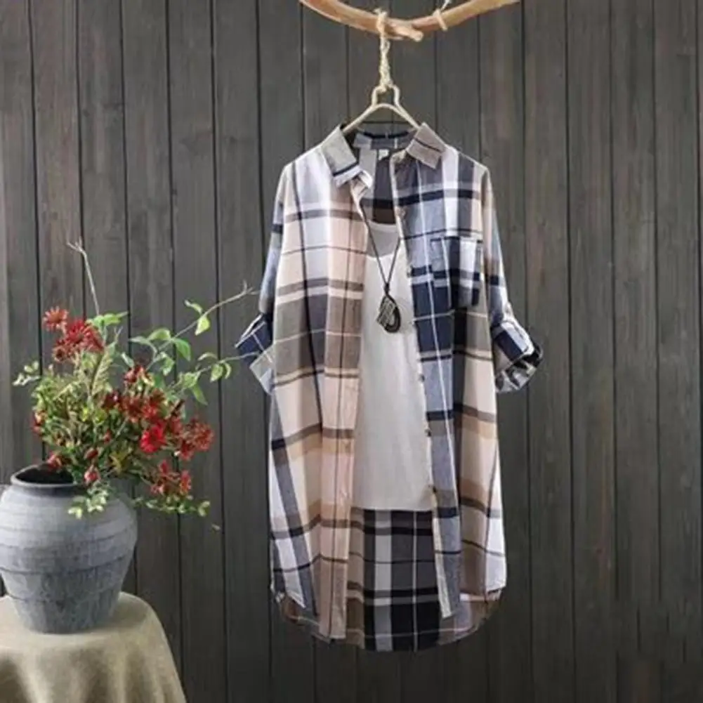 Women Plaid Print Shirt Coat Lapel Long Sleeve Single Breasted Open Front Cardigan Loose Fit Mid-length Casual Shirt