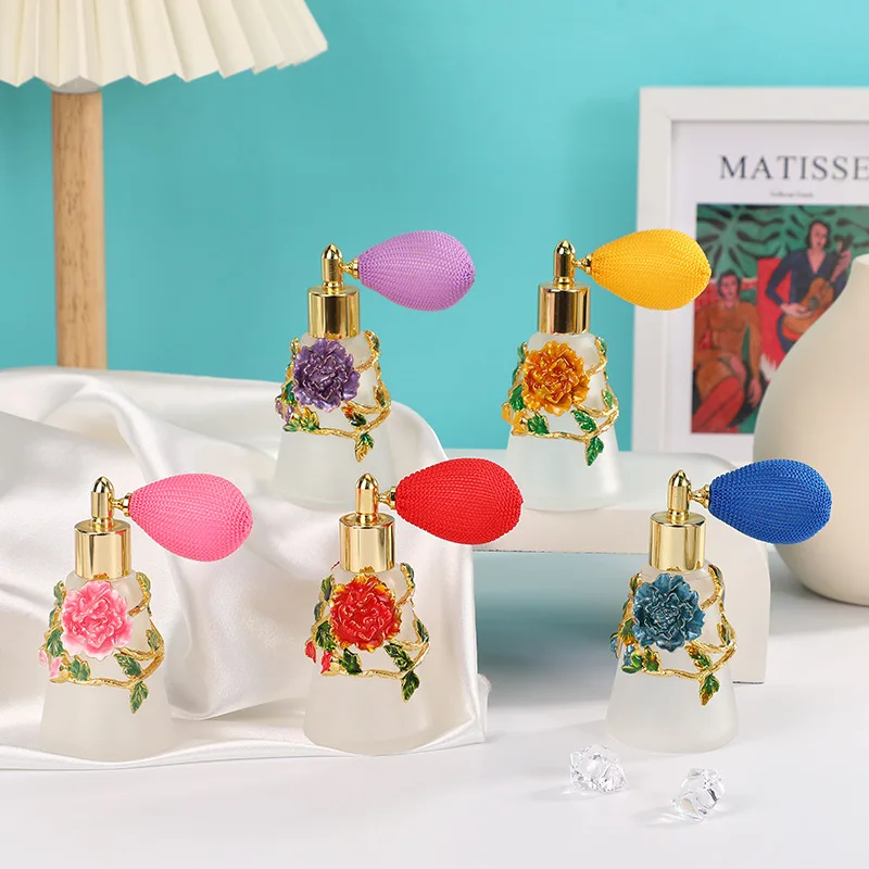 

60pcs 50ml/1.7oz Enamel Color Craft Peony Flower Vintage Style Perfume Bottle Airbag Atomizer Pump Refillable Glass Bottles