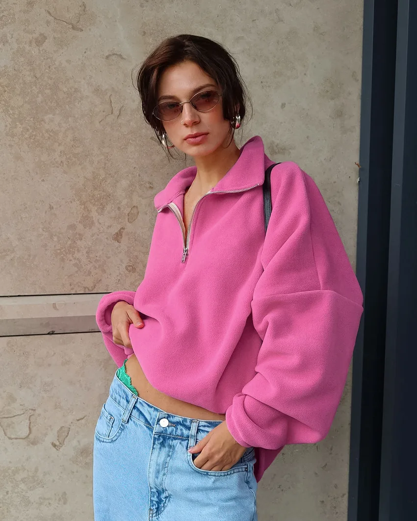 BB Elegant Solid Pullover Casual Top Streetwear Women Autumn Winter Fleece Hoodies Elegant Stand Collar Zipper Loose Sweatshirt