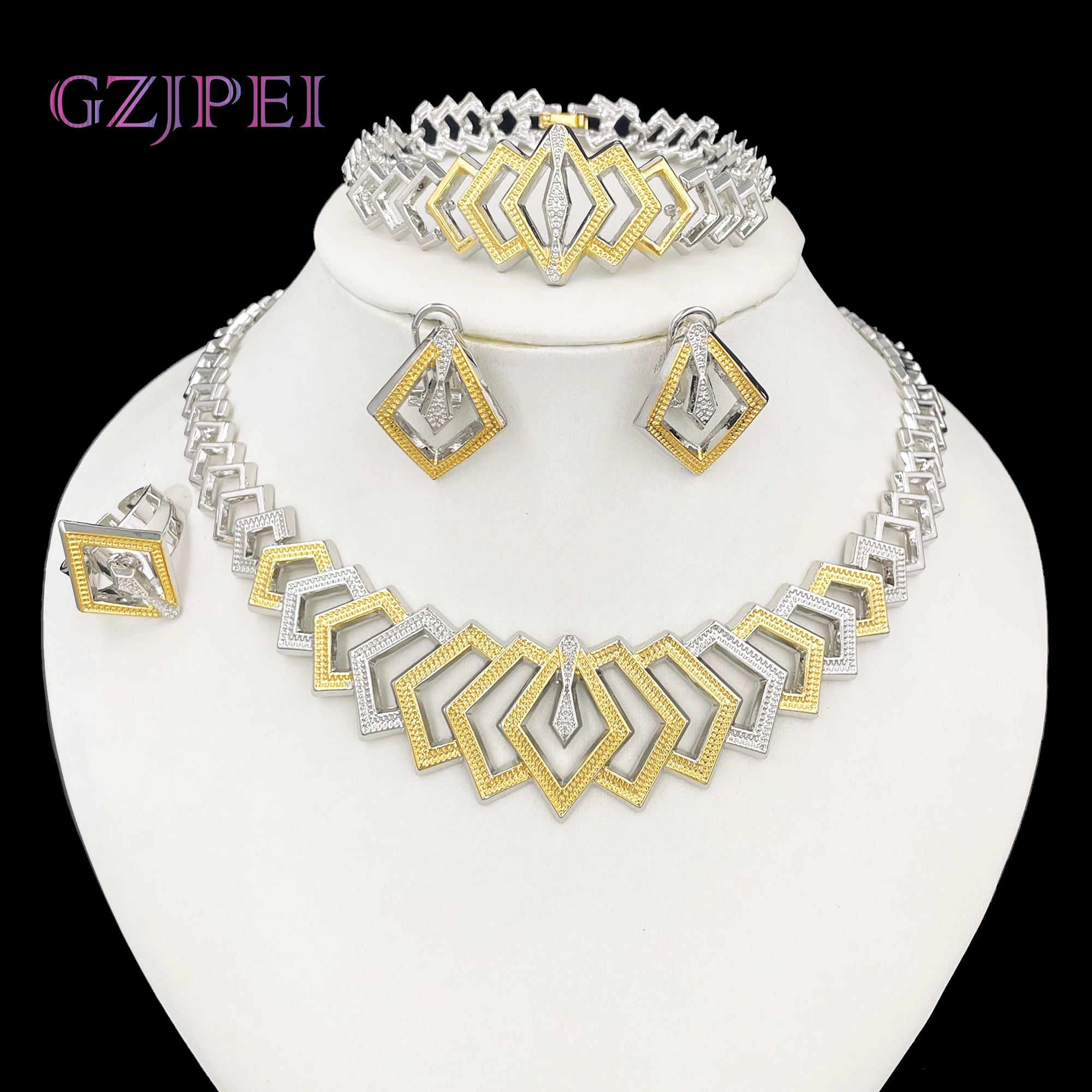 

GZJPEI Gold Silver Color Two Tone Jewelry Set Design Geometry Choker Necklace Bracelet On Hand Square Stud Earring Ring 2025 New