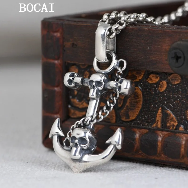 BOCAI New S925 Silver Vintage Personalized Creativity Skull Head Anchor Pendant Ladies Gift