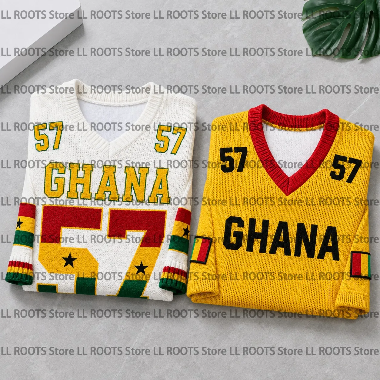 New Autumn Casual Retro Hip Hop Street Style Men's Ghana Flag Print Knitted V-Neck T-Shirt Short Sleeve Layered Sweater
