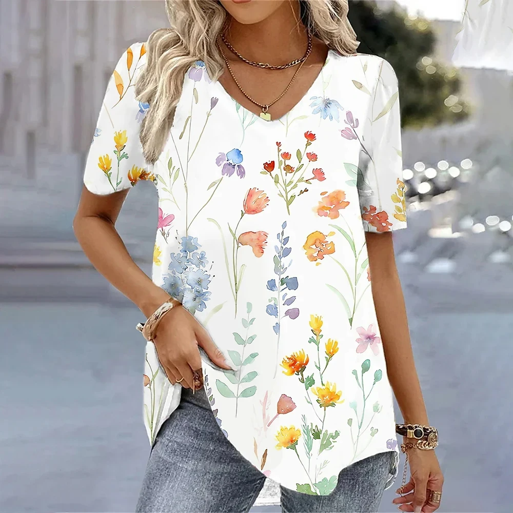 Moda mulher blusas 2024 camiseta feminina 3d flor impressão branco kawaii com decote em v t camisa roupas femininas oversized verão topos t