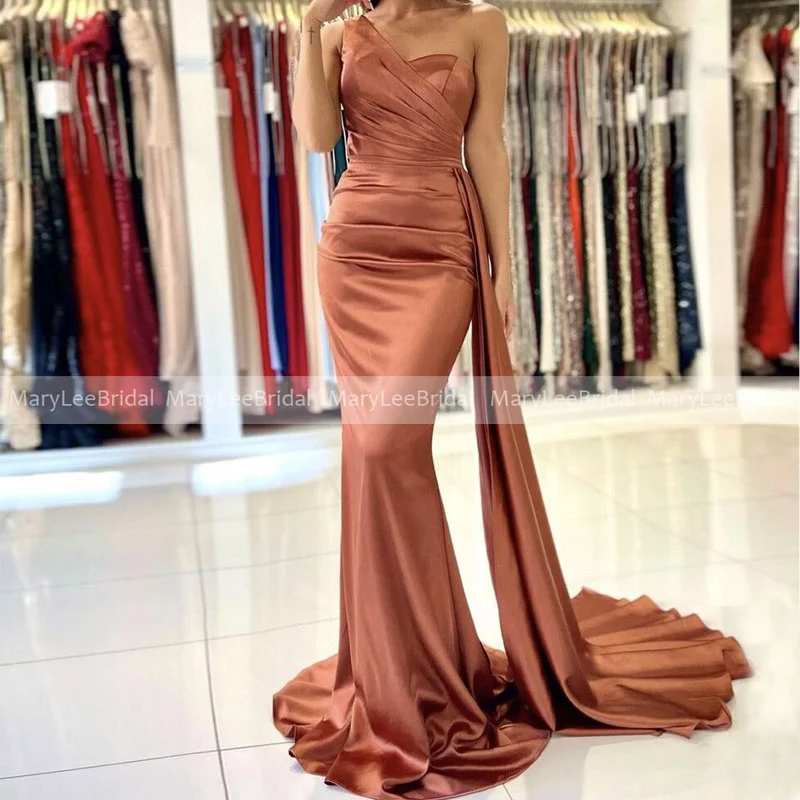 Robes de soirée sirène marron caramel avec long ruban, tenue de soirée de standing, asymétrique, épaule dénudée, froncée, brillante, marron Caramel, avec ruban Long, 2022,robe de soirée de mariage