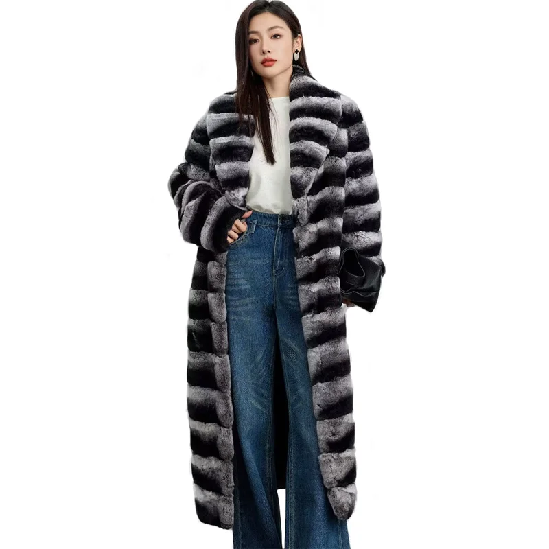 Manteau d'hiver en fourrure de lapin véritable pour femme, manteau de fourrure long de luxe, pardessus à revers optique, fourrure naturelle chaude, combinaison en peluche pour femme