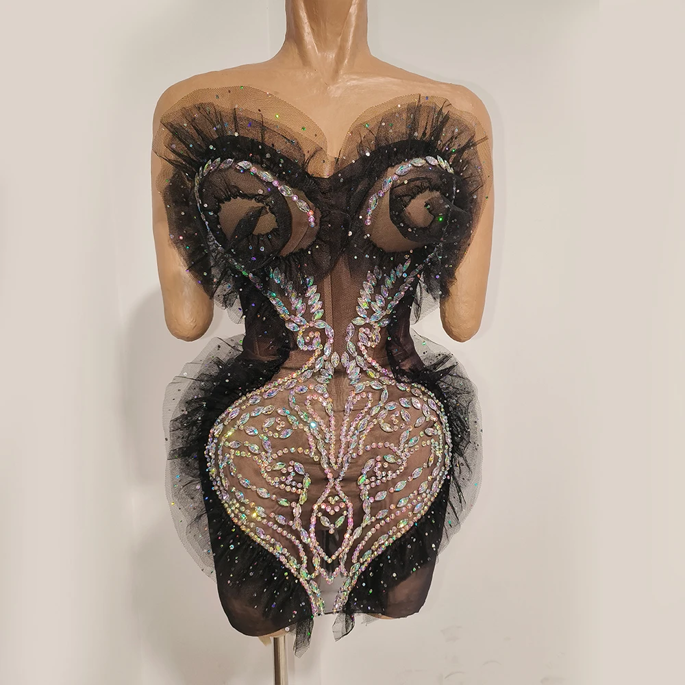 Strapless Black Sheer Mesh Corset Mini Dress AB crystal Tulle Ruffle Nightclub Singer dance Drag Queen Stage Performance Costume - view 4