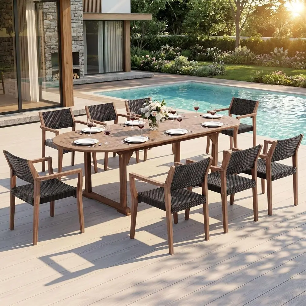 

Expandable Acacia Wood Patio Dining Set with Rattan Chairs for 8-9 People, Ideal for Outdoor Decks and Porches