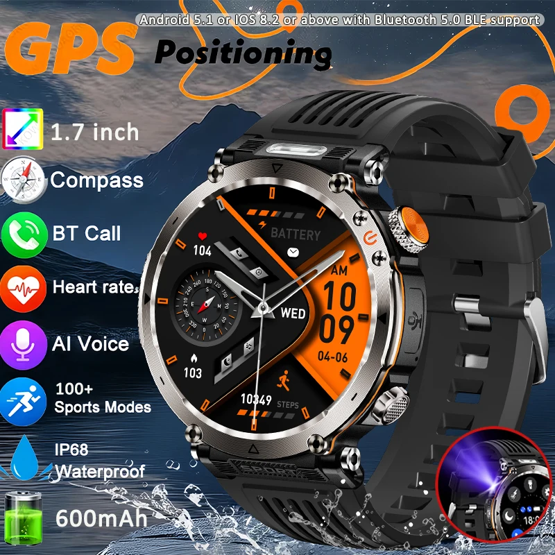 

LIGE GPS Смарт-часы для мужчин 600 мАч Батарея Светодиодный фонарик Спорт на открытом воздухе Компас Часы Bluetooth Вызов Водонепроницаемые умные часы