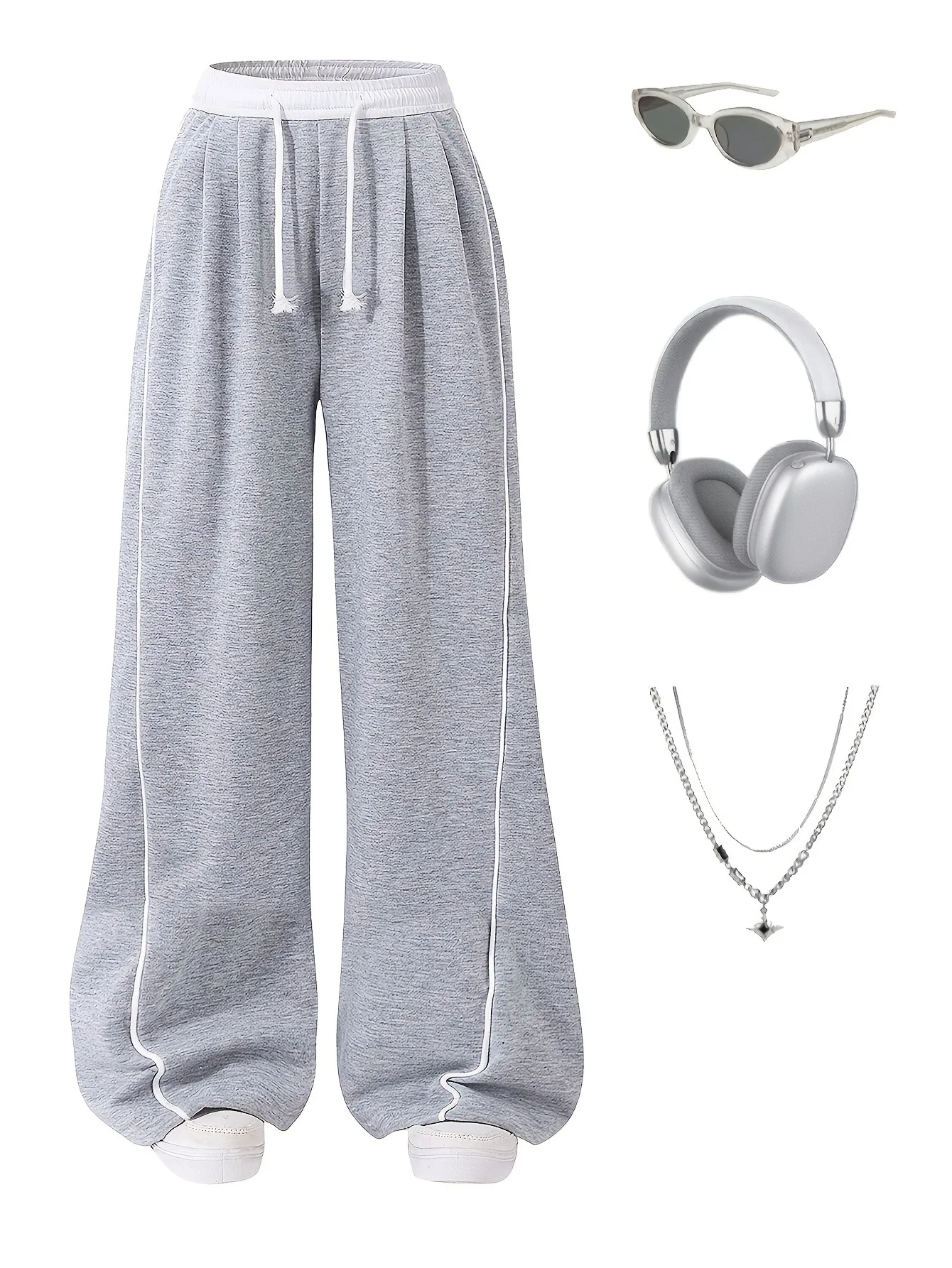 Y2K Mädchen Jogginghose in Heather-Grau mit Seitenstreifen, weitem Bein, Kordelzug in der Taille, locker geschnitten, lässige Streetwear für 4-12 Jahre – Detail 3