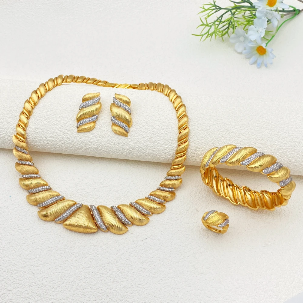

Flora Gold Plated Copper Zircon Jewelry Set for Women Elegant Party Evening Bracelet Ring Necklace Earrings Ensemble