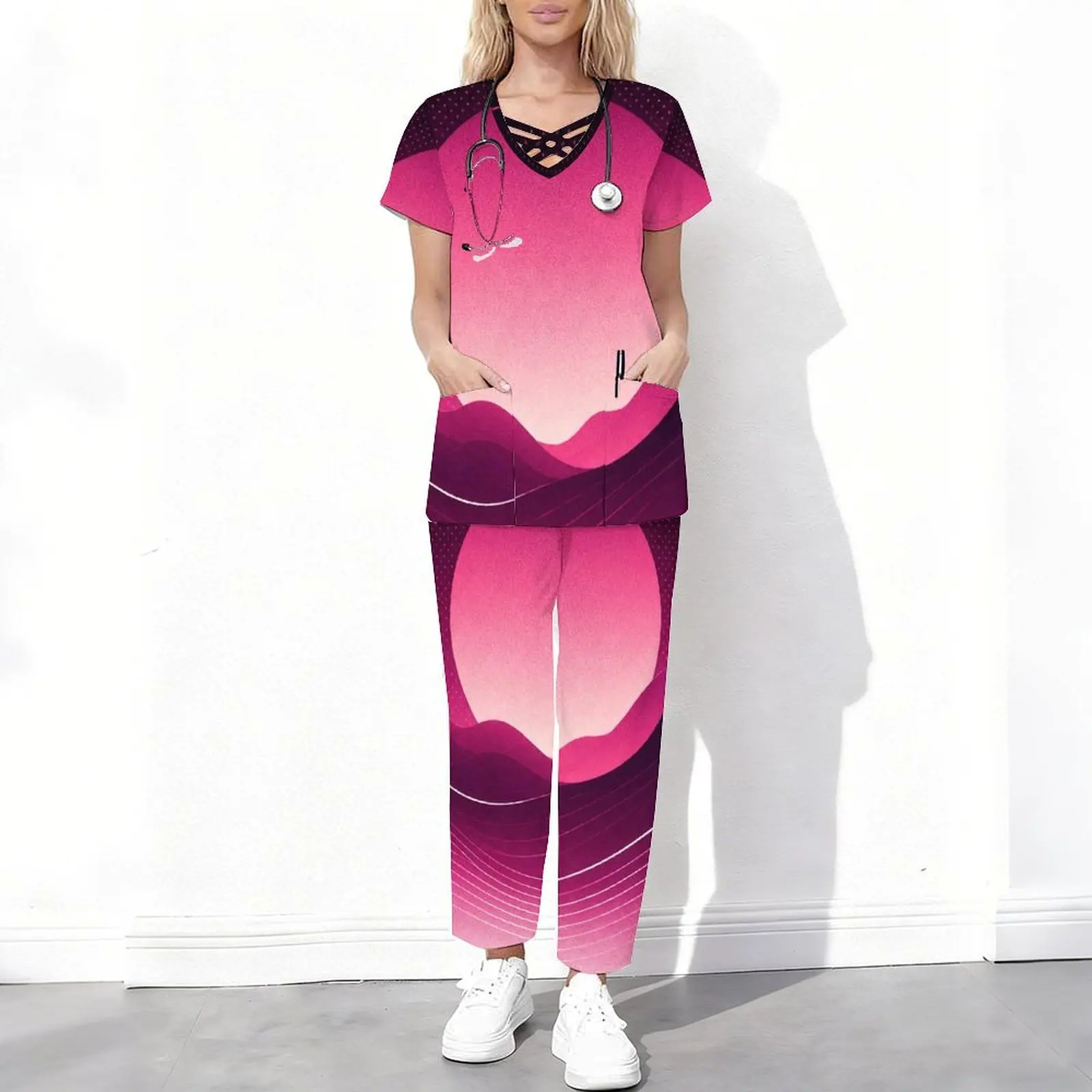 Women Gradient Print Short Sleeve Cutout V Neck Pocket Scrub Top + Long Pants 2 Piece Set