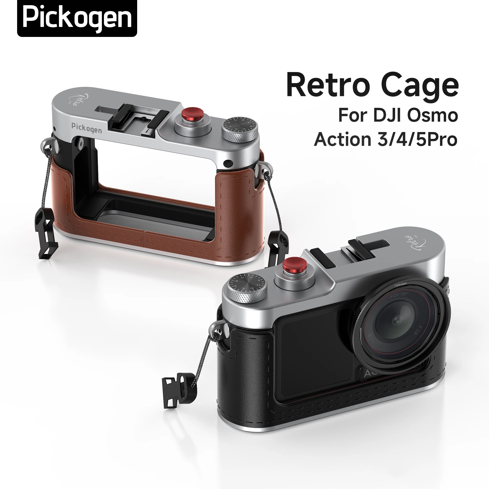 PICKOGEN レトロカメラケージ（DJI Osmo Action 3、4、5 Pro対応）。アルミニウムフレーム、コールドシューマウント、49mmフィルターアダプター、ネックストラップ付き。