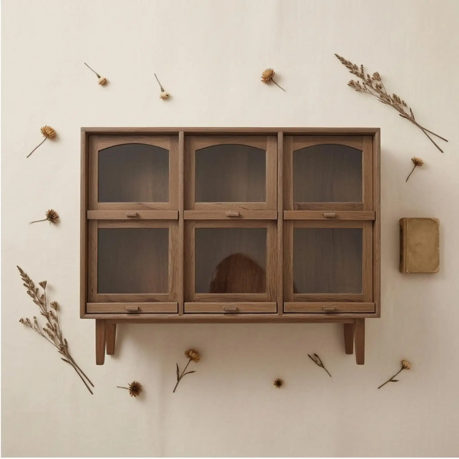 Vintage Dollhouse Cabinet with Six Compartments and Clear Front Panels for Miniature Bookshelf Collection Display
