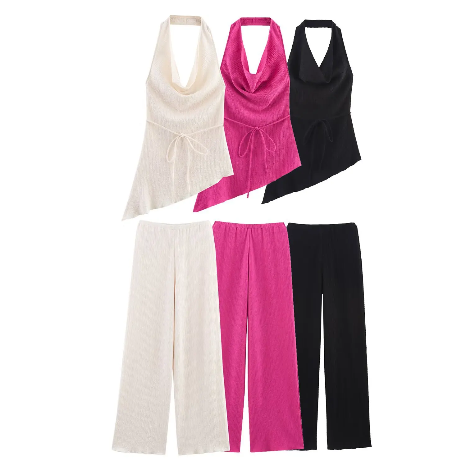 

ZBZA Women's Asymmetric Lace-up Top Pants Suit Halter Neck Slim Fit Cropped Vest High Waist Straight Pants Summer New Chic Set