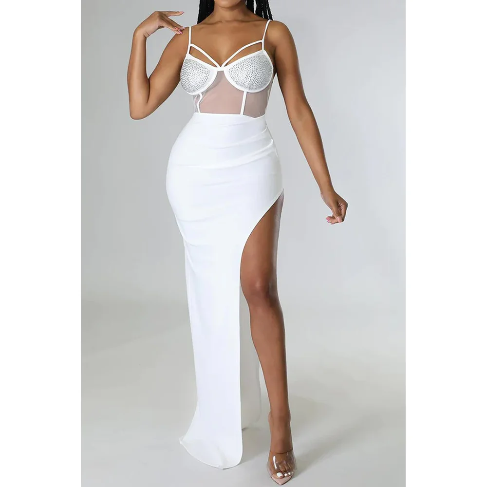 Women Sexy Spaghetti Strap See Through Sheer Mesh Rhinestone Maxi Party Dress