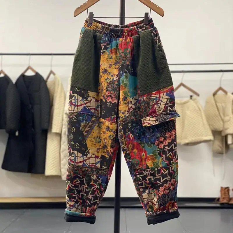 Winter cotton padded thick fashion harem pants women ethnic style retro multi pockets  personalized printed cotton pants