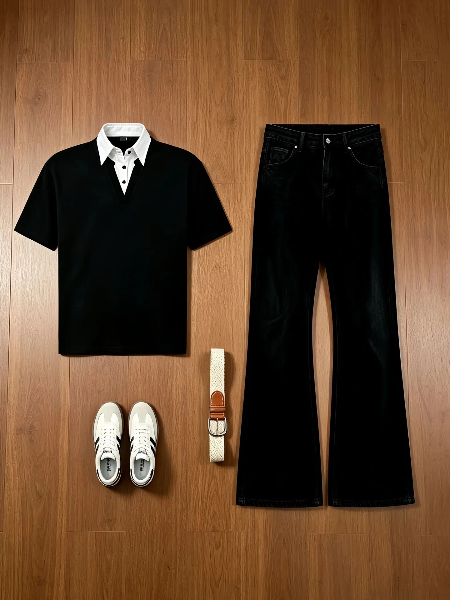 Wash Effect Set - Czarny letni zestaw męski: koszula z