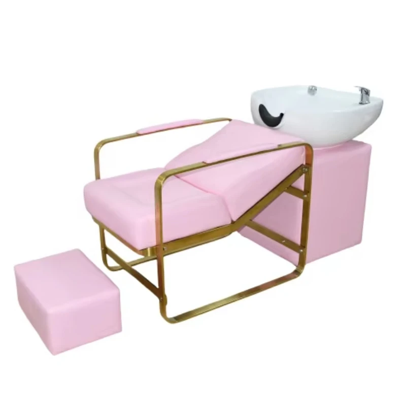 

Modern Pink Style Hair Salon Barber Shop Chair with Simple Rinse Shampoo Bed New Solid Color Spa Bed Basin