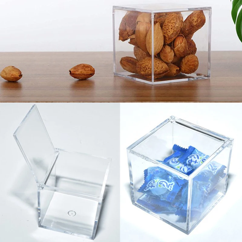 Clear Acrylic Cube Box Flip-top Storage Box Home Candy Nuts Container Jewellery Beads Case Gift Packing Organizer