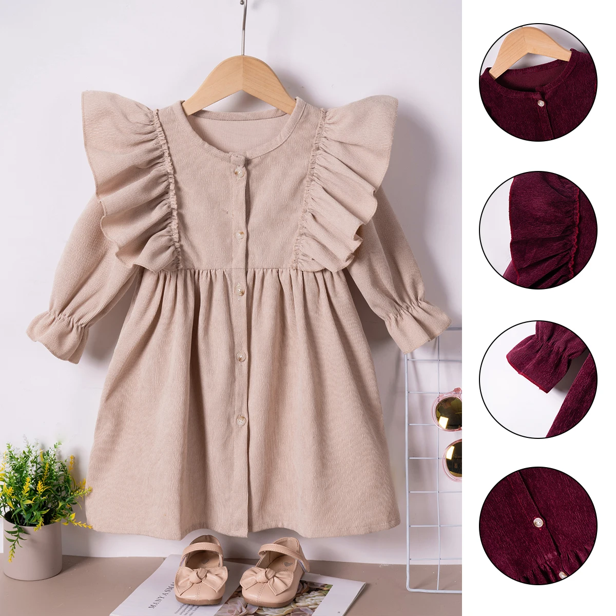 Autumn/winter Girls\' Dresses Fashion Solid Color Children\'s Clothes Buttons Velvet Long-sleeved Knee-length Dress Fly Sleeve