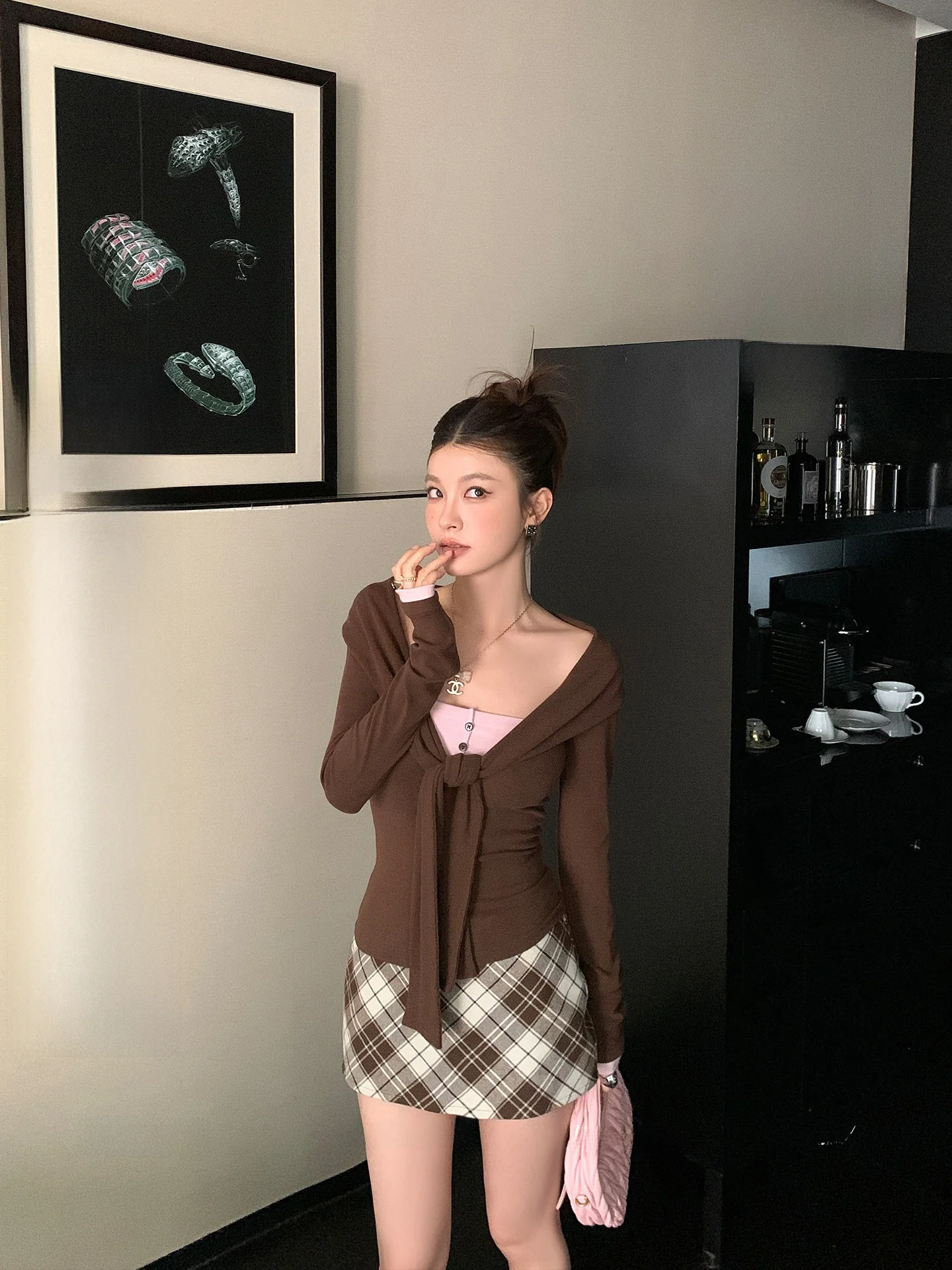 

Футболка LIONE Long Sve с оulder, эластичная коричневая воротничка Poer, облегающий повседневный женский топ из двух предметов с искусственным принтом