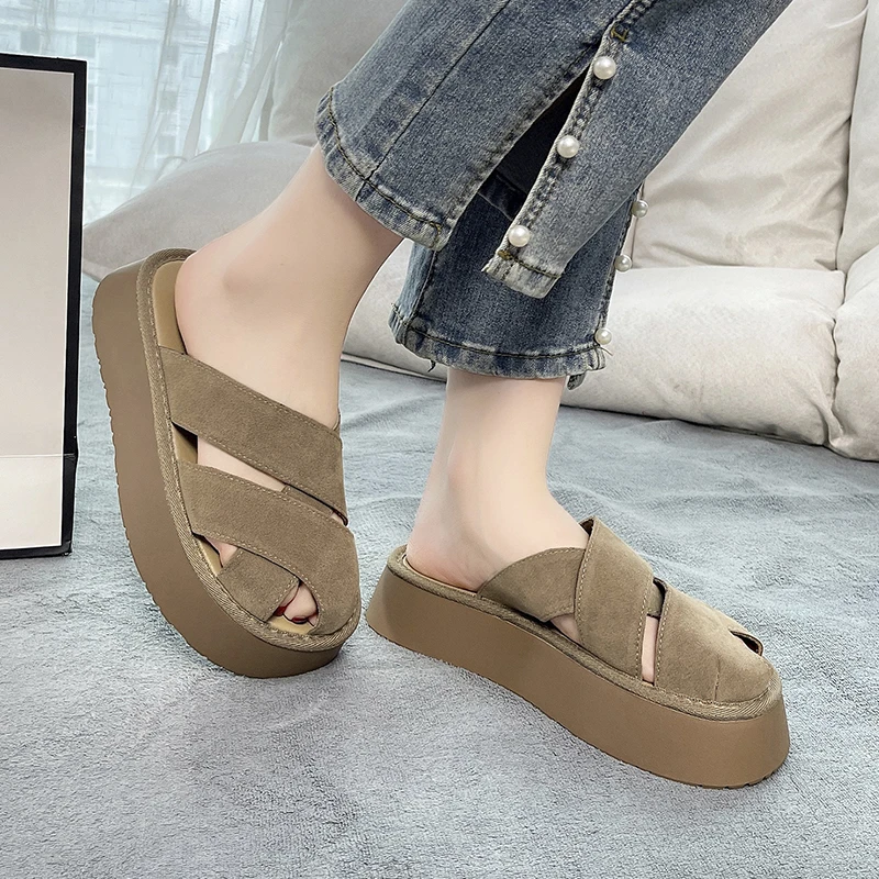 Cow Suede Low Heel Modern Slippers Flat with Summer Women\'s Shoes on Sale 2024 New Outside Solid Shallow Concise Slippers