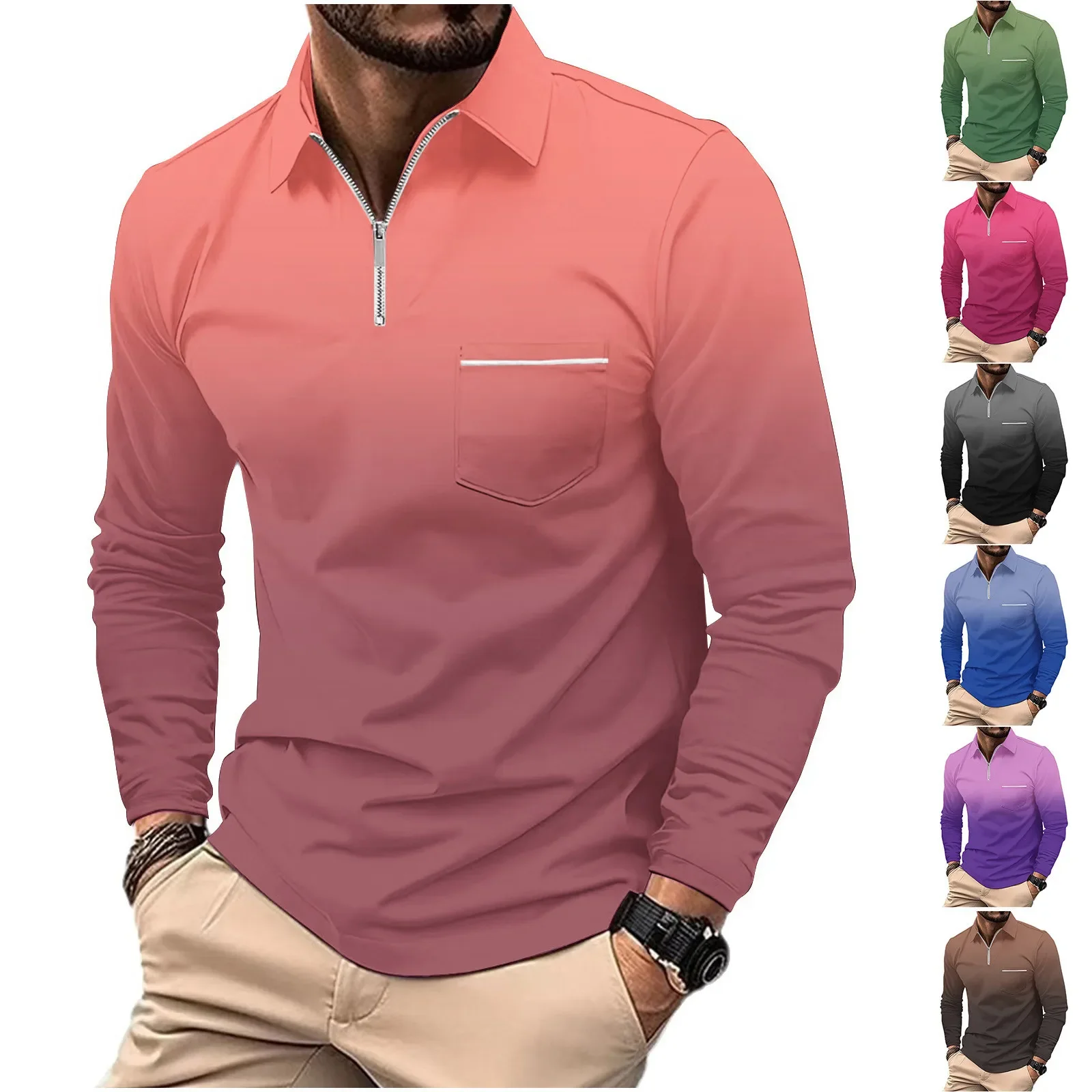

Spring Autumn Men's Sports Fitness High stretch long sleeve lapel color POLO shirt quality slim-fit knit zipper pocket polo shir