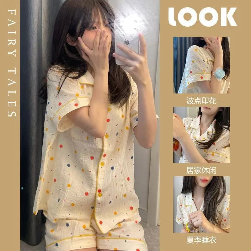 Loungewear Frühling Sommer Pyjama Mädchen Dünner Kurzarm-Cardigan mit Shorts Süß Niedlich Locker Sitzende Loungewear Auch für Draußen Geeignet Homewear Schlafanzug