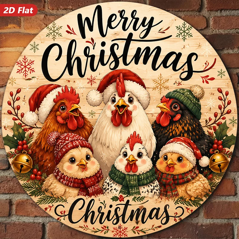 2D Flat, 1pc 2D Flat Printed Christmas Chick Round Wooden Hanging Wall Decor, Suitable for Office and Bedroom, Featuring 