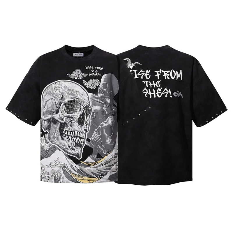 

26SS American Retro Distressed Rhinestone KLEEP Short Sleeved Summer Skull Print Trendy Hip Hop Top Tee