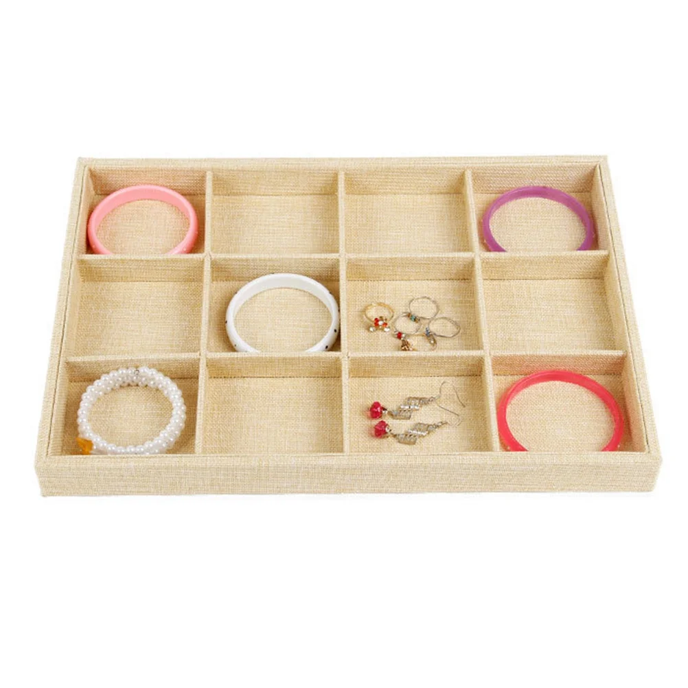 

Sackcloth Jewelry Tray 12 Grids Stackable Display Organizer Adjustable Compartments for Rings Bracelets Watches Necklace Storage
