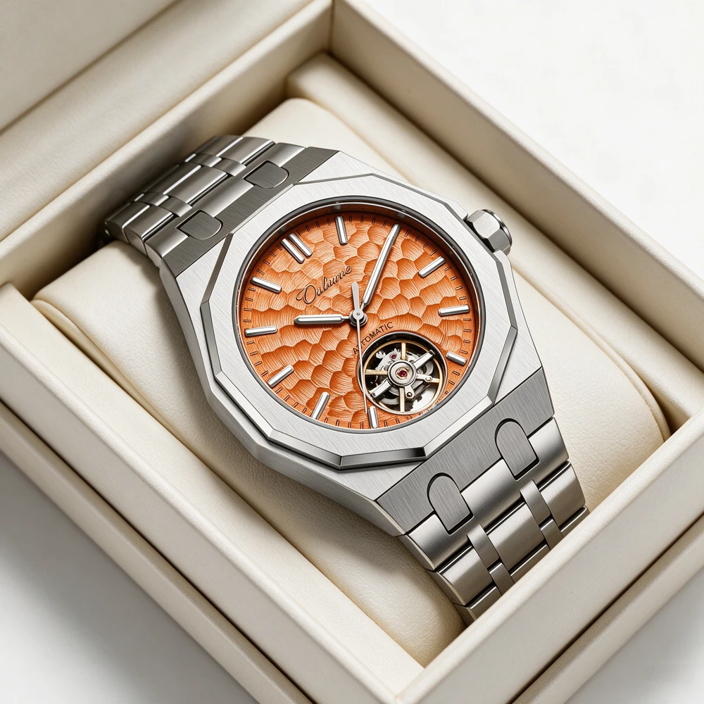 Men Automatic Mechanical Watch Orange Dial Skeleton Tourbillon Octagonal Stainless Steel Wristwatch Luxury Waterproof Clock