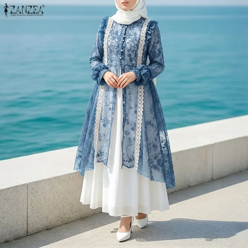 

Muslim Lace Patchwork Cardigan Women Solid Color Long Outwear Casual Loose Irregular Long Sleeve Blusas ZANZEA 2026 Summer Coats