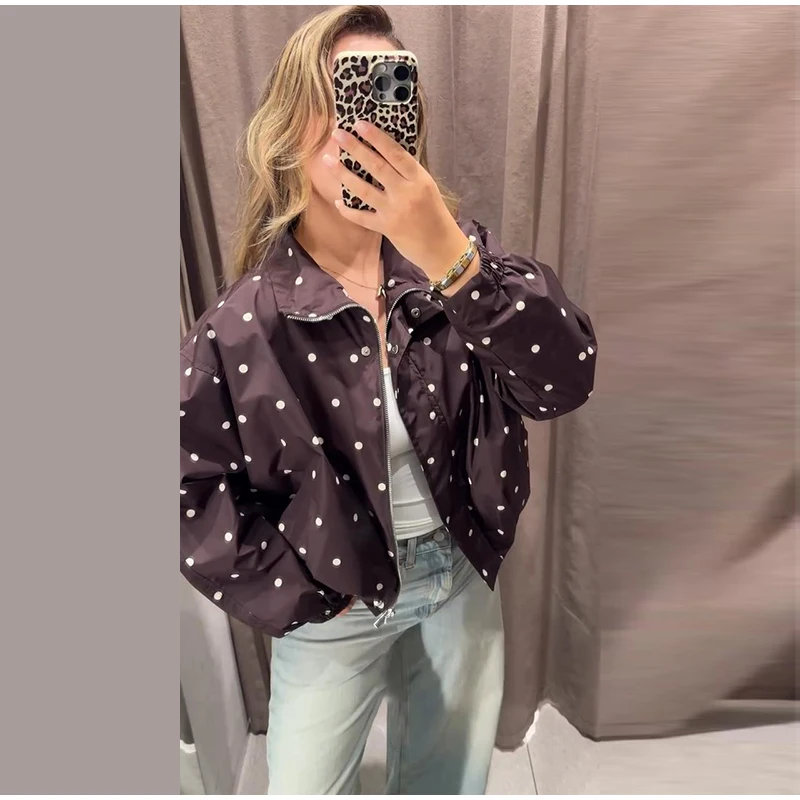 Damen Oversize-Mäntel mit Polka-Dot-Muster, Stehkragen, Langarm, Reißverschluss, Bomberjacken, Herbst, Damen, geraffte, lockere Jacke, neue Oberbekleidung – Detail 1