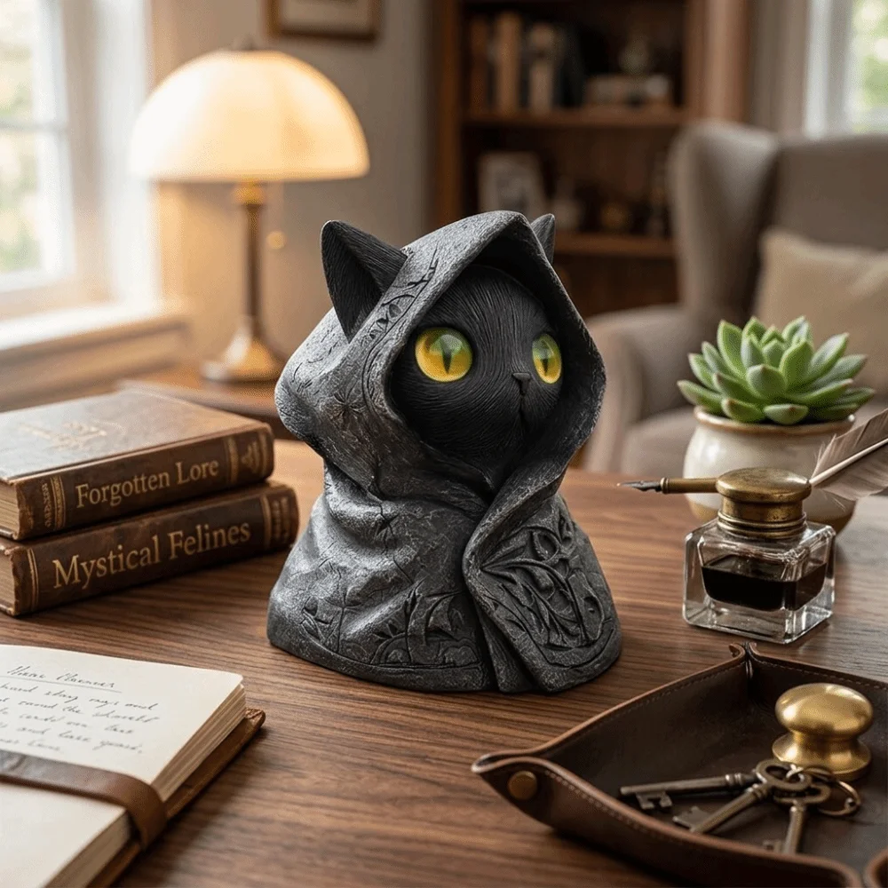 Cat Decor Figurines 3D Printed Cat Sculpture Decoration Gothic Mystical Cat Statue Hooded Cloak Cat Ornaments Home Decor