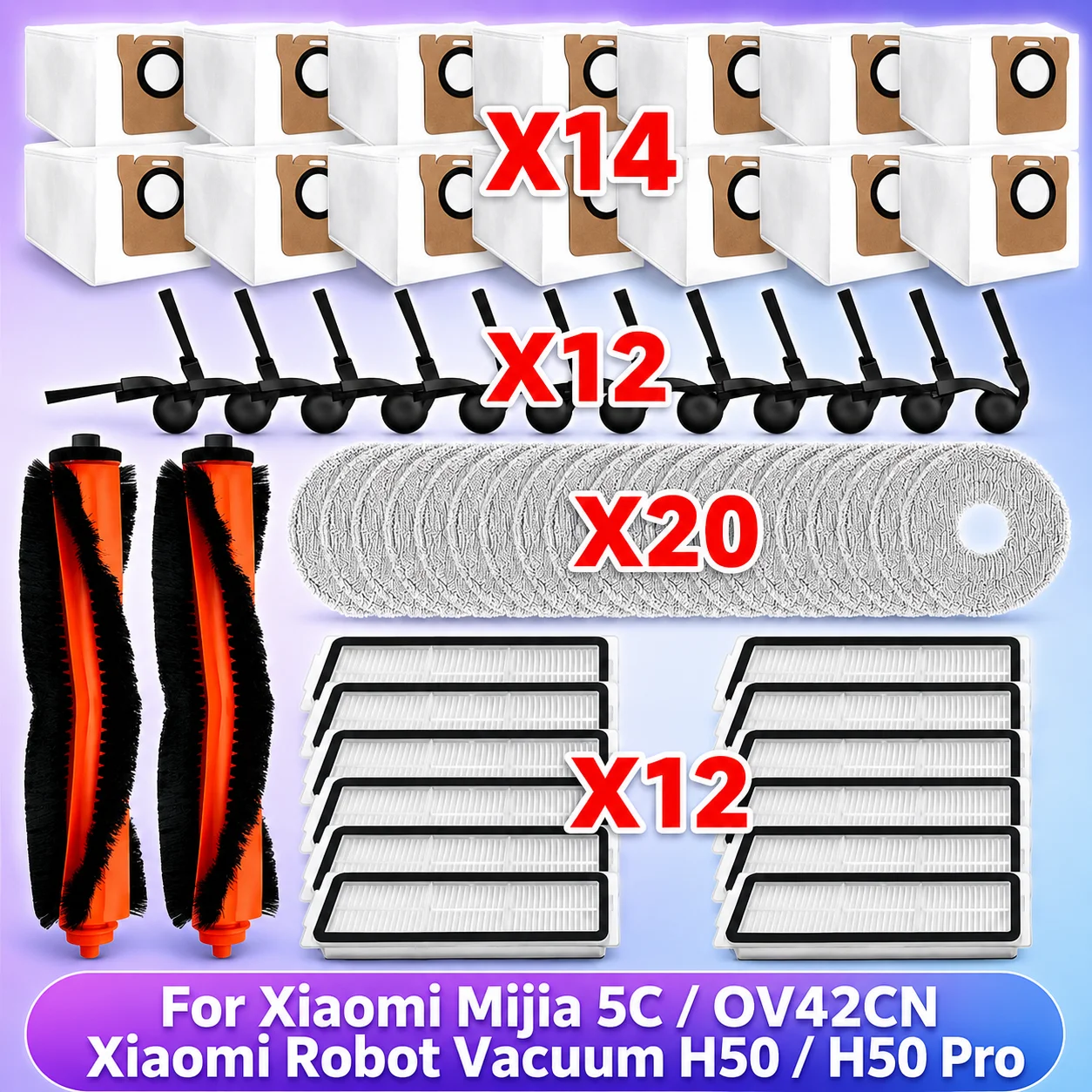 Compatible para (Xiaomi Mijia 5C / OV42CN, Xiaomi Robot Vacuum H50 / H50 Pro) Piezas de aspiradora Cepillo principal y lateral Filtro HEPA Paño de fregado Bolsa de polvo Accesorios